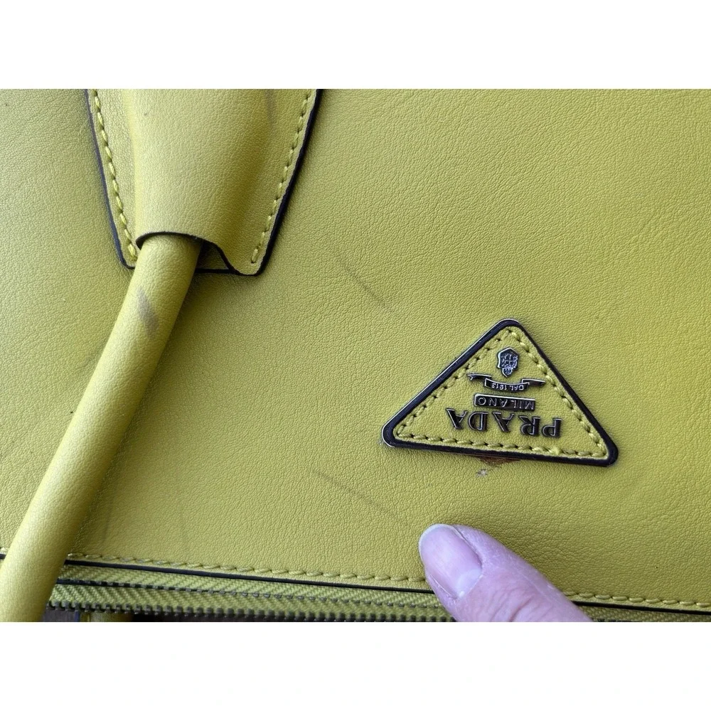 Prada Vitello Daino Yellow Leather Double Zip Tote Satchel Handbag